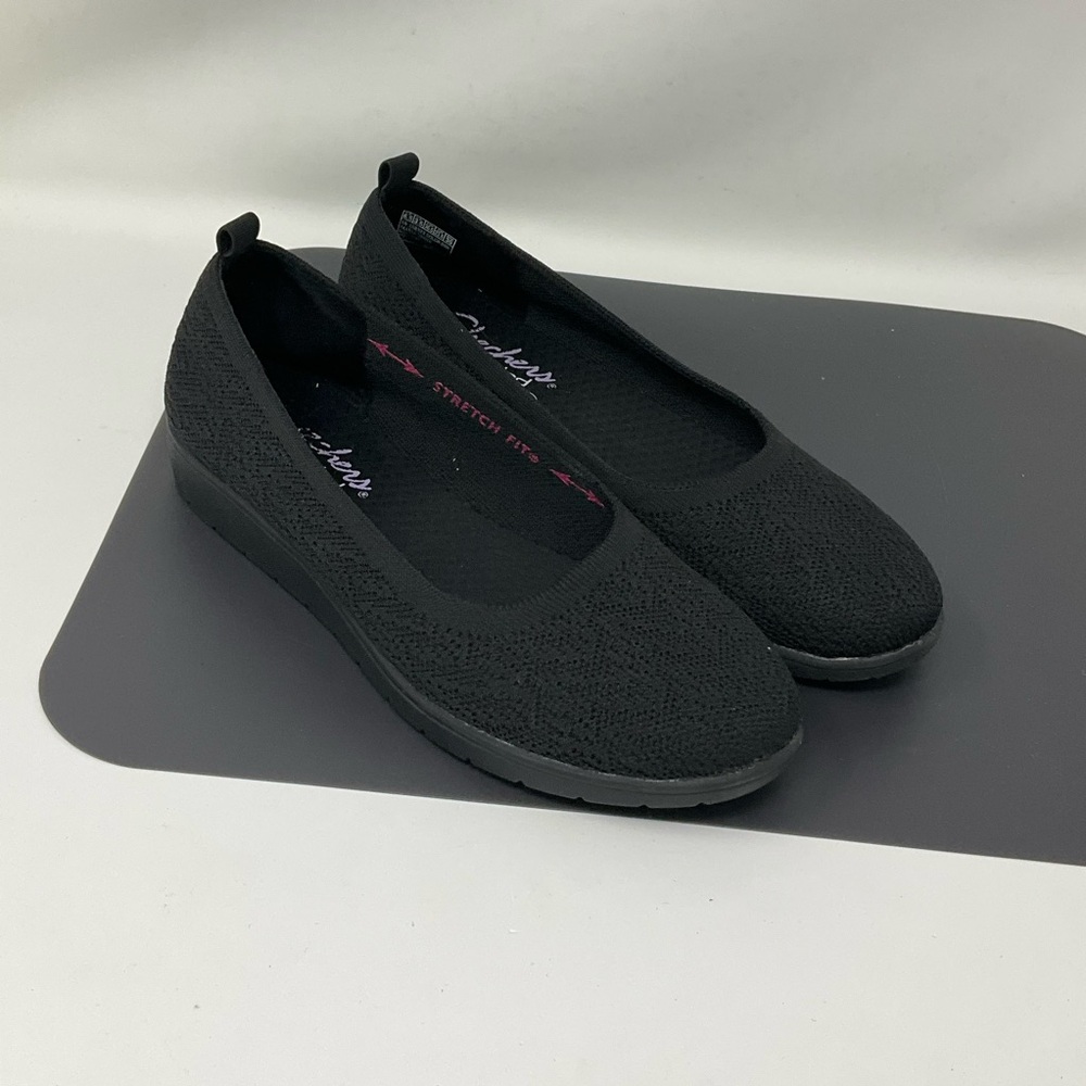 Skechers Cleo Flex Wedge Women’s 6.5 Black Knit Slip On Stretch Memory Foam Shoe